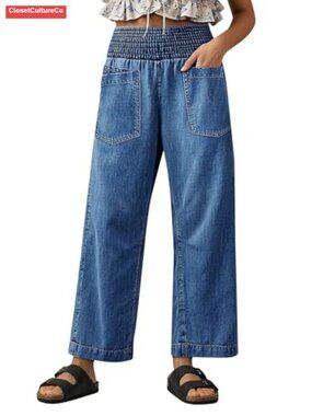 Wide Leg High Rise Pull On Stretchy Straight Leg Jeans Smocked Waist